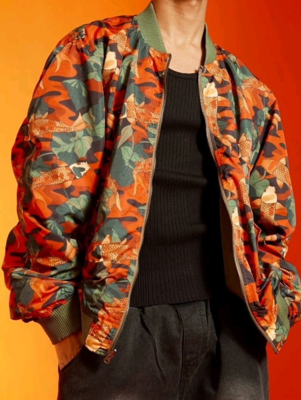 Royikoi Japanese Koi & Leaves Reversible Bomber Jacket M/L Green Orange